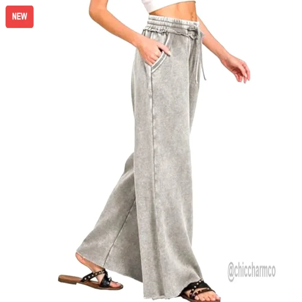 High Waist Wide Leg Sweatpants Drawstring Palazzo Fleece Casual Pockets - Picture 4 of 7